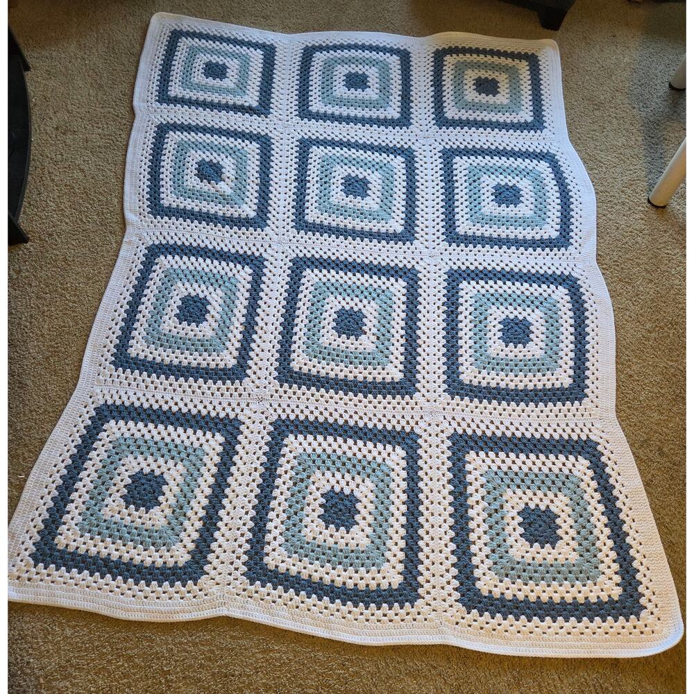 Handmade Blue White Crochet Granny Square Afghan Blanket 88x63